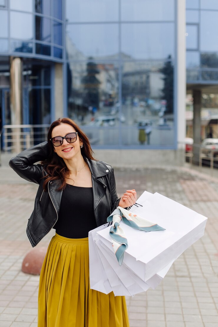 Foto gratuito ritratto di giovane ragazza abbastanza elegante che tiene le borse della spesa e in attesa di buon umore. shopping ideale.