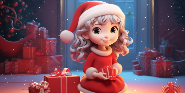Ritratto di giovane ragazza in stile cartone animato che celebra il Natale