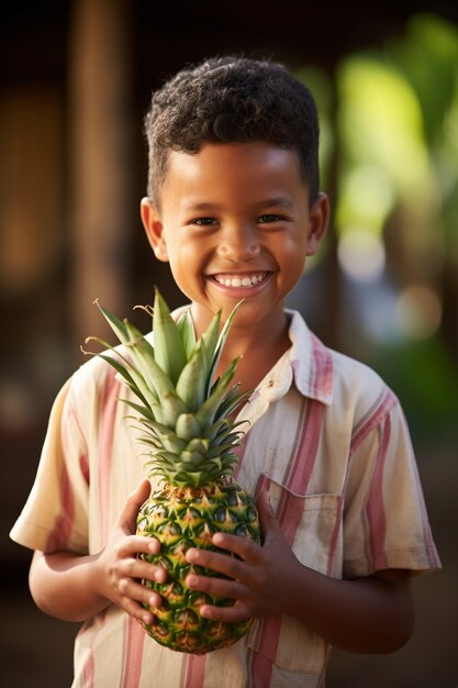 Ritratto di giovane ragazzo con ananas