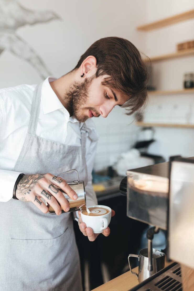 Foto gratuito ritratto di giovane uomo che lavora come barista e prepara il caffè nel ristorante barista in grembiule e camicia bianca in piedi con una tazza di caffè sul posto di lavoro nella caffetteria