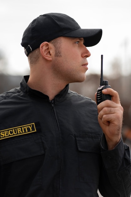 Ritratto di guardia di sicurezza maschile con stazione radio