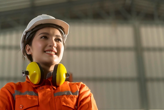 Ritratto di ingegnere femminile asiatico che indossa uniforme e casco sicuro in piedi fiducioso e allegro accanto alla macchina del braccio del robot di automazione in background di fabbrica