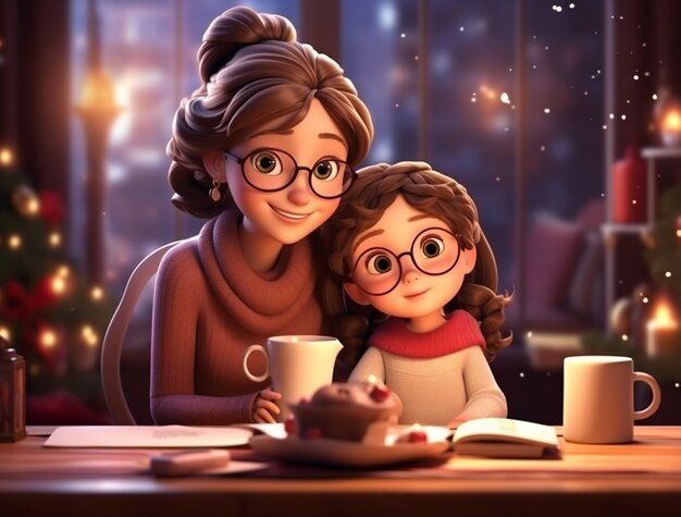Ritratto di madre in stile cartone animato che festeggia il Natale con il suo bambino
