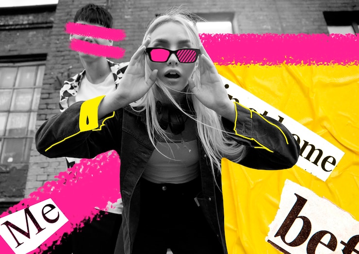 Foto gratuito ritratto di persona con tecnica del collage e color blocking
