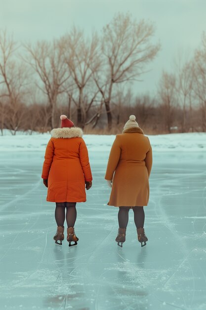 Ritratto di persone che pattinano sul ghiaccio all'aperto durante l'inverno
