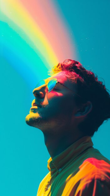 Ritratto di persone con arcobaleno colorato dai loro pensieri e cervello su sfondo blu