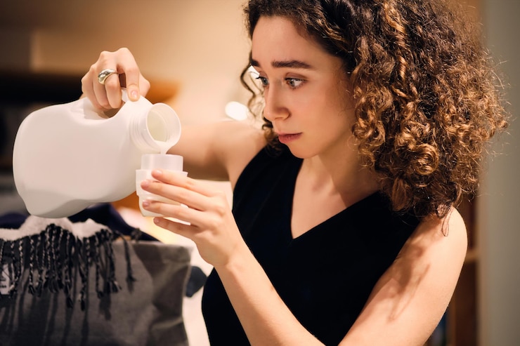 Foto gratuito ritratto di ragazza pensierosa che lava i vestiti con il detersivo nella moderna lavanderia self-service