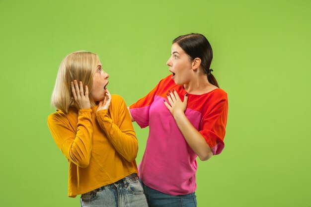 Ritratto di ragazze abbastanza affascinanti in abiti casual isolati su sfondo verde studio. Due modelli femminili come fidanzate o lesbiche. Concetto di LGBT, uguaglianza, emozioni umane, amore, relazione.