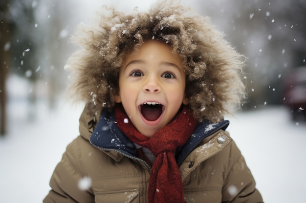 Ritratto di ragazzo sorridente in inverno mentre nevica