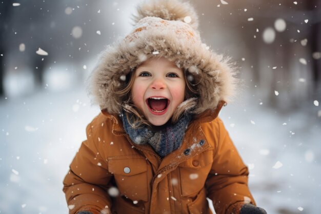 Ritratto di ragazzo sorridente in inverno mentre nevica