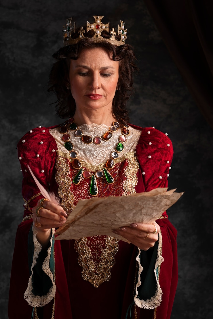 Foto gratuito ritratto di regina medievale con penna scritta su carta