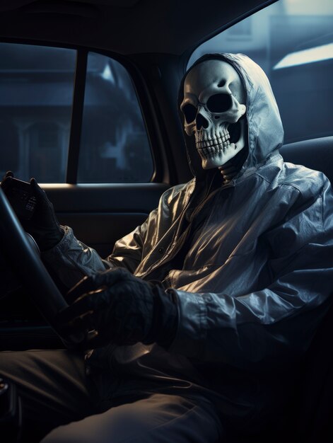 Ritratto di scheletro umano che guida un'auto
