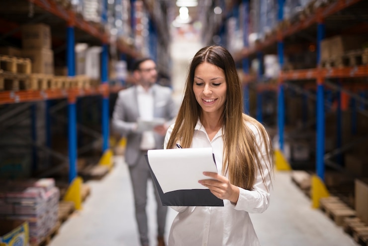 Foto gratuito ritratto di splendida donna bruna manager controllo delle attività nel centro logistico del magazzino donna di successo ben vestita che controlla la distribuzione mentre il ceo cammina dietro di lei.