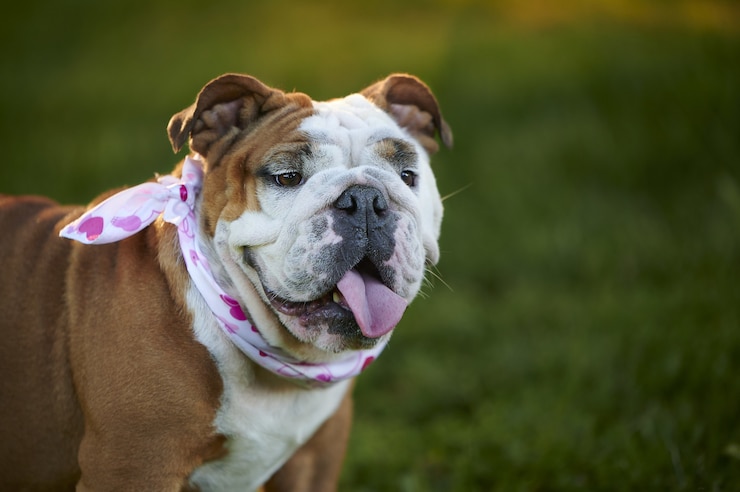 Foto gratuito ritratto di un adorabile bulldog inglese che indossa una sciarpa con stampa di cuori
