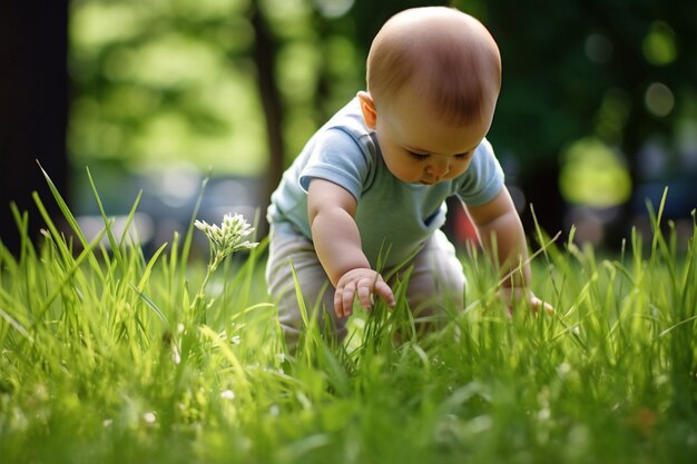 Ritratto di un adorabile neonato che cammina sull'erba