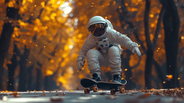 Ritratto di un astronauta in tuta spaziale che fa skateboard