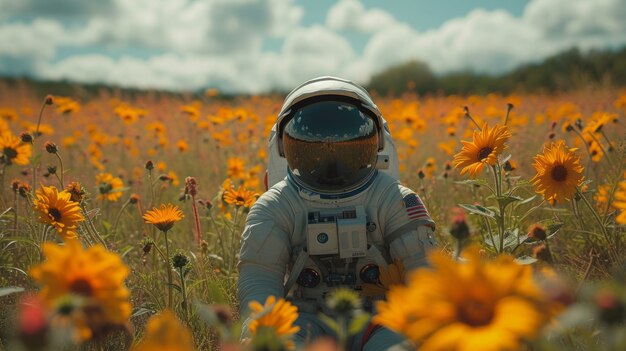 Ritratto di un astronauta in tuta spaziale con dei fiori