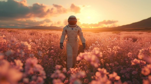 Ritratto di un astronauta in tuta spaziale con dei fiori