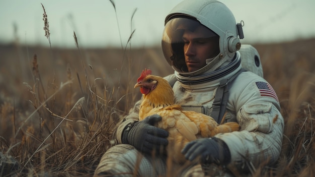 Ritratto di un astronauta in tuta spaziale con un pollo