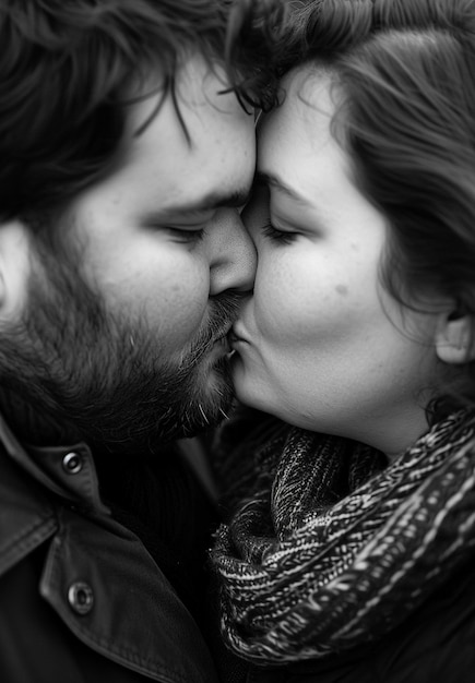 Ritratto di un bacio in bianco e nero.