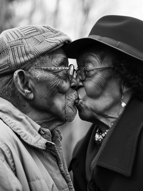 Ritratto di un bacio in bianco e nero.