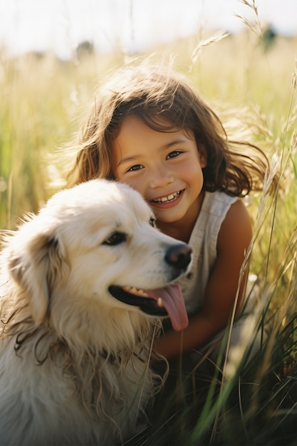 Ritratto di un bambino adorabile con il suo cane sul campo