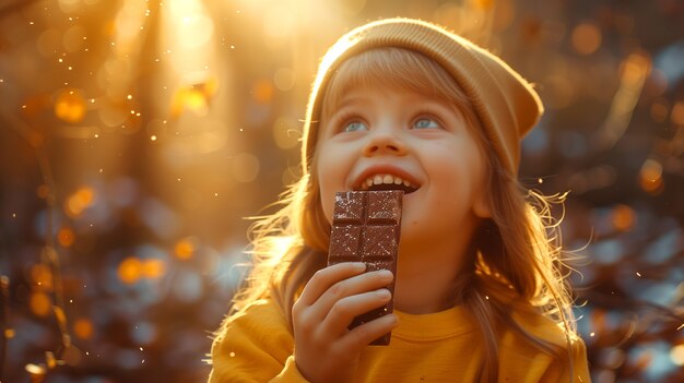 Ritratto di un bambino felice che mangia un delizioso cioccolato