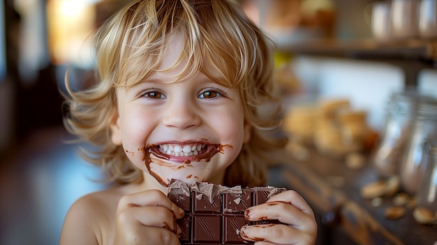 Ritratto di un bambino felice che mangia un delizioso cioccolato