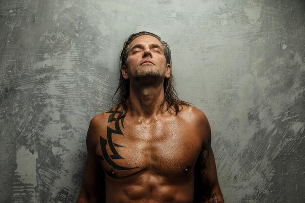 Ritratto di un bell'uomo dai capelli lunghi con il torso nudo. Isolato su sfondo grigio. Corpo maschile tatuato.