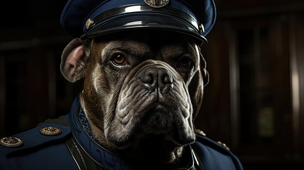 Ritratto di un bulldog di razza cane con un berretto della polizia su sfondo nero