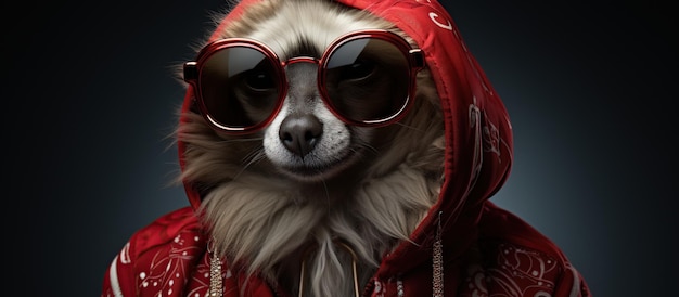 Ritratto di un cane con una giacca rossa e occhiali da sole su sfondo nero