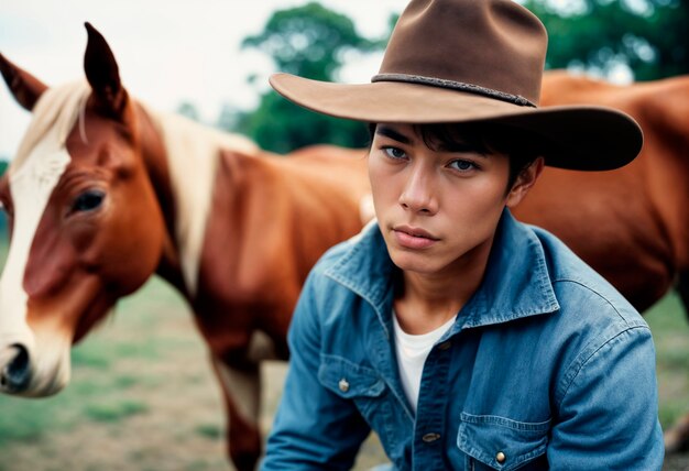 Ritratto di un cowboy con uno sfondo sfocato