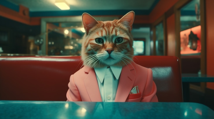 Foto gratuito ritratto di un gatto antropomorfo vestito con abiti umani