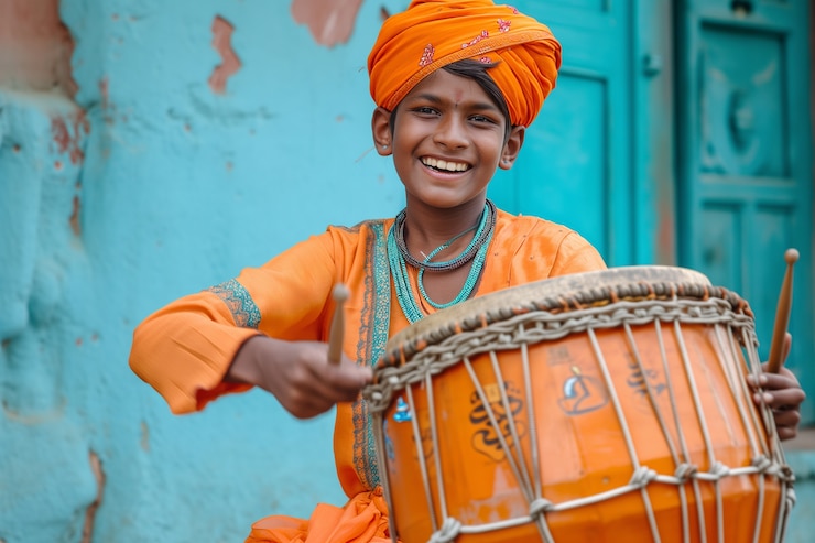 Foto gratuito ritratto di un giovane bambino indiano che celebra la festa di baisakhi