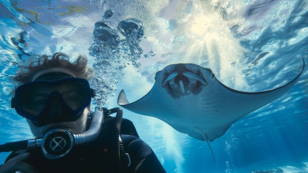 Ritratto di un subacqueo nell'acqua del mare con la vita marina