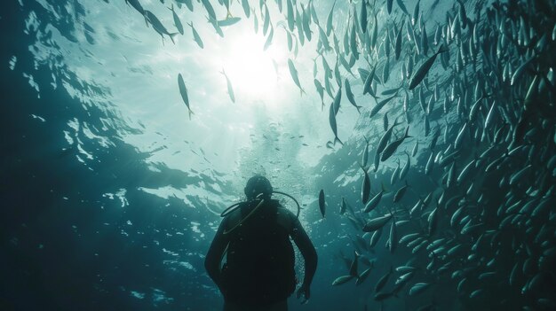 Ritratto di un subacqueo nell'acqua del mare con la vita marina