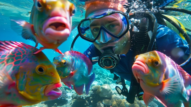 Ritratto di un subacqueo nell'acqua del mare con la vita marina