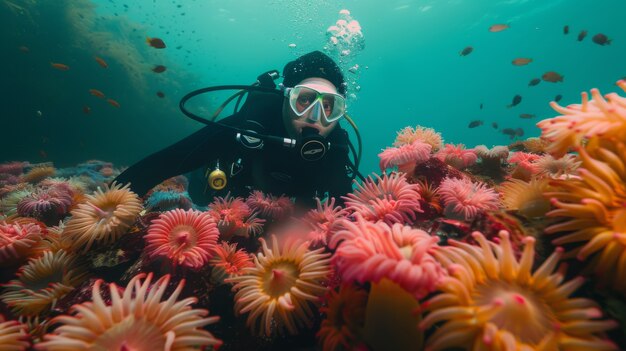 Ritratto di un subacqueo nell'acqua del mare con la vita marina