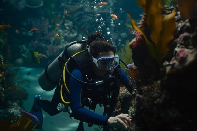 Ritratto di un subacqueo nell'acqua del mare con la vita marina