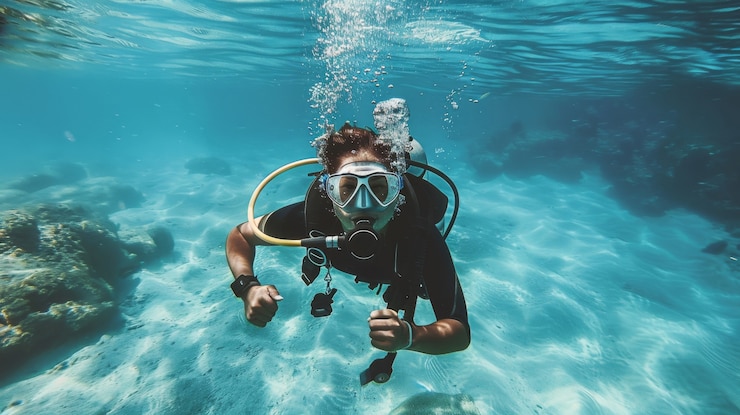 Foto gratuito ritratto di un subacqueo nell'acqua del mare con la vita marina