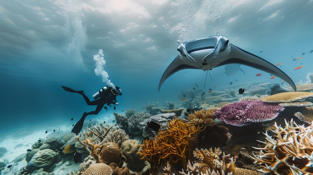 Ritratto di un subacqueo nell'acqua del mare con la vita marina