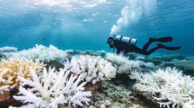 Ritratto di un subacqueo nell'acqua del mare con la vita marina