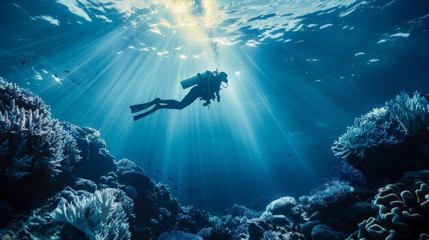 Ritratto di un subacqueo nell'acqua del mare con la vita marina