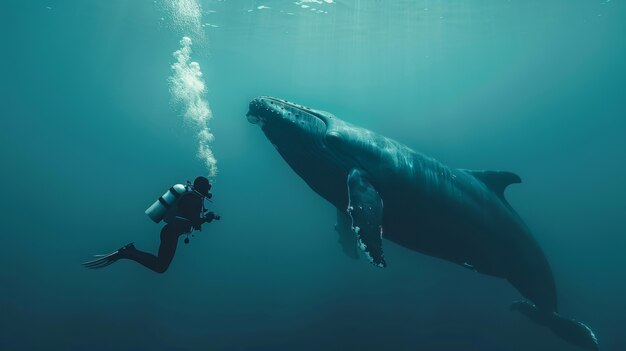 Ritratto di un subacqueo nell'acqua del mare con la vita marina