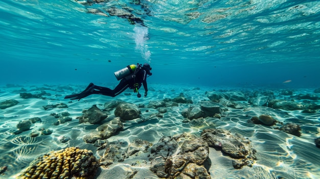 Ritratto di un subacqueo nell'acqua del mare con la vita marina