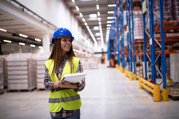 Ritratto di un supervisore sorridente attraente del lavoratore del magazzino che cammina attraverso il grande magazzino di fabbrica che guarda verso gli scaffali