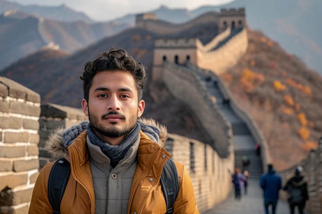Ritratto di un turista che visita la Grande Muraglia Cinese