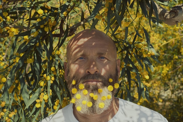 Ritratto di un uomo adulto barbuto con la barba ornata di fiori di acacia gialli si trova all'ombra di un albero in fiore un'idea per una vacanza primaverile o una giornata della terra guarda la telecamera