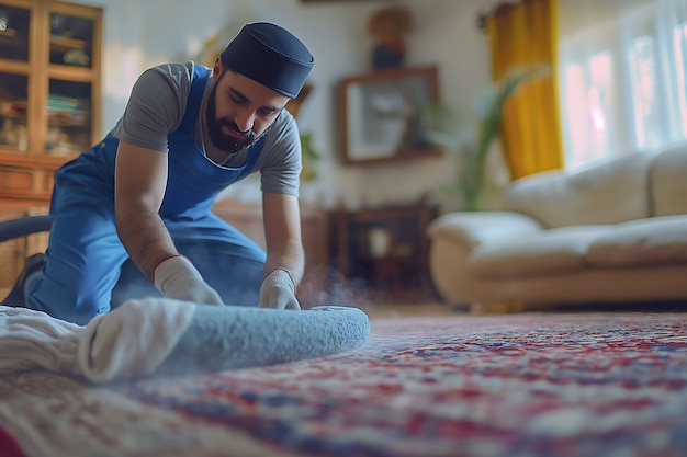 Ritratto di un uomo che fa le faccende domestiche e partecipa alla pulizia della casa