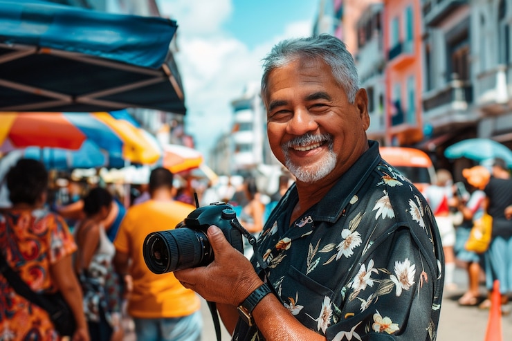 Foto gratuito ritratto di un uomo di mezza età che scatta foto con un dispositivo per la giornata mondiale della fotografia
